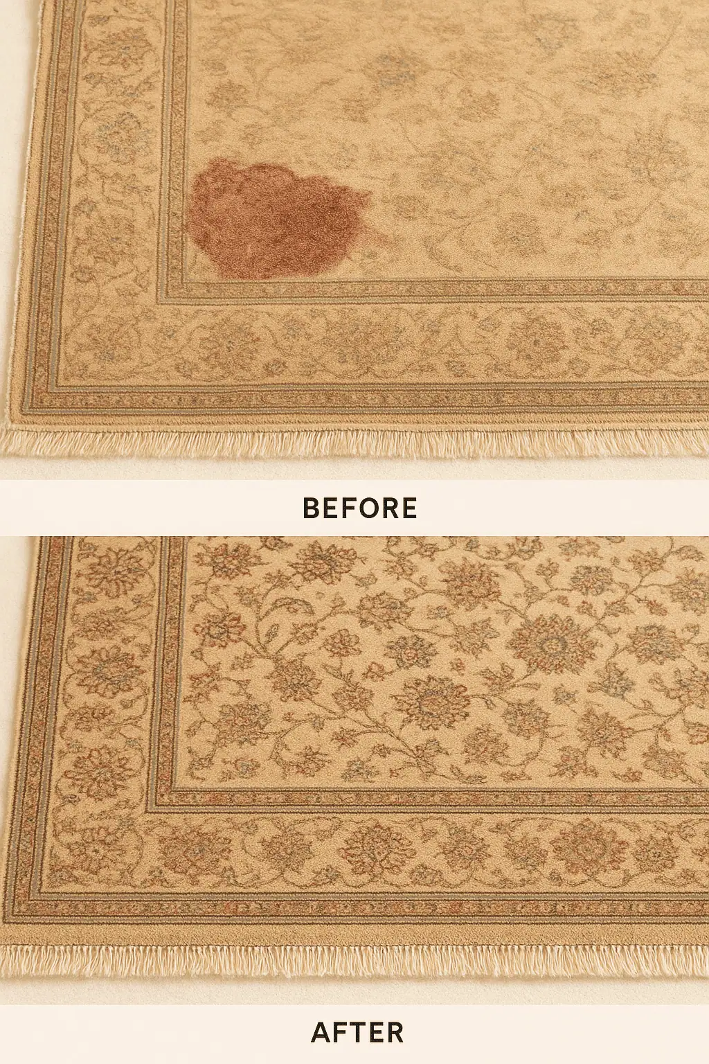 Red wine stain completely removed from silk rug cleaning result
